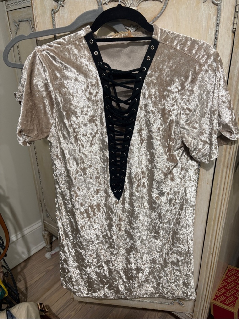 Crushed Velvet Lace-Up V-Neck Tunic - Cream